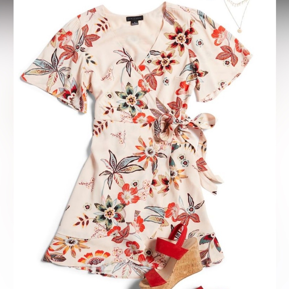 Sanctuary Jolynn Wrap Floral Print Mini Ruffle Dress Peach Pink Size Medium EUC
